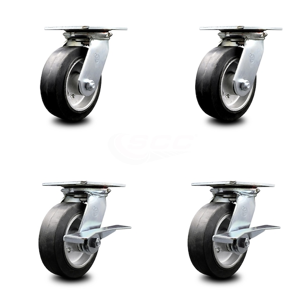 6 Inch Rubber on Aluminum Swivel Caster Set with Ball Bearings 2 Brakes SCC